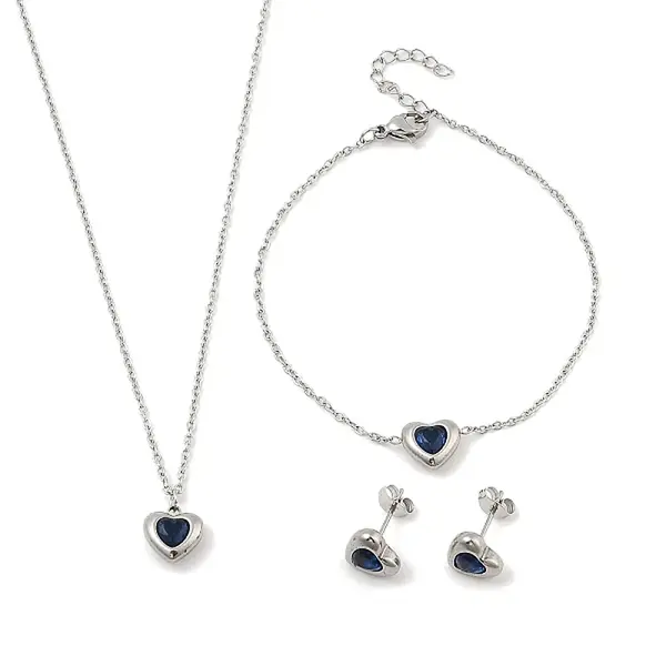 Heart 304 Stainless Steel Micro Pave Cubic Zirconia Pendant Necklaces & Bracelets & Stud Earrings Sets for Women