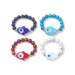 Natural & Synthetic Mixed Gemstone & Evil Eye Lampwork Beaded Stretch Rings