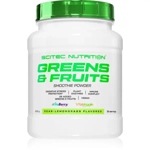 Scitec Nutrition Greens & Fruits prášok na prípravu nápoja s vitamínmi príchuť Pear-Lemon Grass 600 g