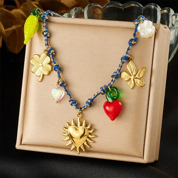 304 Stainless Steel & Plastic Flower Clover Pendant Cotton Cord Necklaces for Women