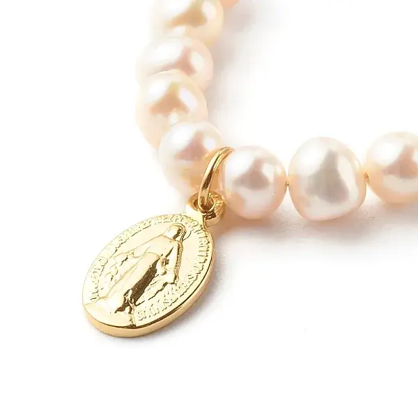 Oval with Virgin Mary & Natural Pearl Beads Pendant Necklaces