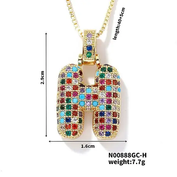 Brass Pave Colorful Cubic Zirconia Letter Pendant Box Chain Necklaces