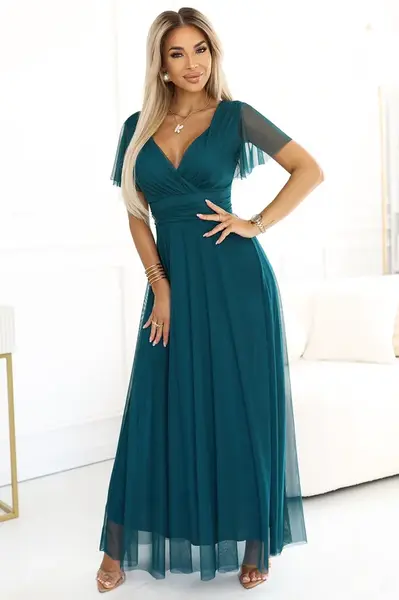 562-4 NASTIA Long dress with a neckline and short sleeves - green