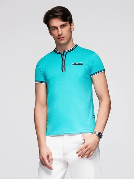 Ombre Men's henley t-shirt with decorative ribbing - turquoise