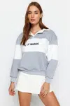 Trendyol Gray Thick Fleece Inside Regular/Normal Fit Embroidered Polo Neck Knitted Sweatshirt