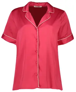 Koton Satin Pajama Top with Short Sleeves and Shirt Collar with Buttons and Embroidery