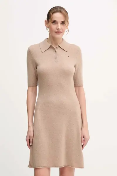 Vlněné šaty Tommy Hilfiger béžová barva, mini, WW0WW46436