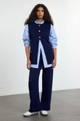 Trendyol Navy Blue Wide Cut Button Detailed Vest-Pants Knitwear Bottom-Top Set