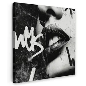 MuchoWow OBRAZ NA PLÁTNĚ Obličej - Ústa - Graffiti - Černá barva 20x20 cm