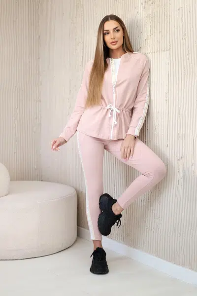 Kesi Dámská bavlněná souprava s proužky a stahovacími lemy pudrově růžová