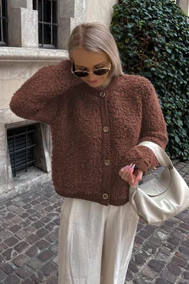 Madmext Brown Buttoned Boucle Knitwear Cardigan