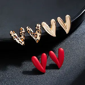 3 Pairs Heart with Leopard Print  Spray Painted Alloy Stud Earrings