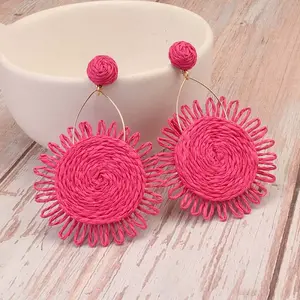Flower Alloy & Raffia Dangle Stud Earrings