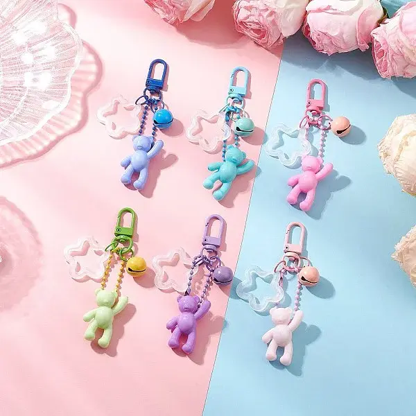 6Pcs 6 Colors Acrylic Bear & Flower Pendant Decoration