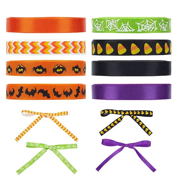 8Rolls 8 Colors Halloween Polyester Printed Grosgrain Ribbon