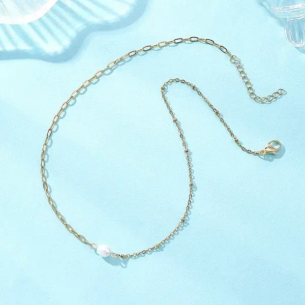 Natural Pearl Rice & 304 Stainless Steel Satellite Chain Paperclip Chain Necklaces for Women