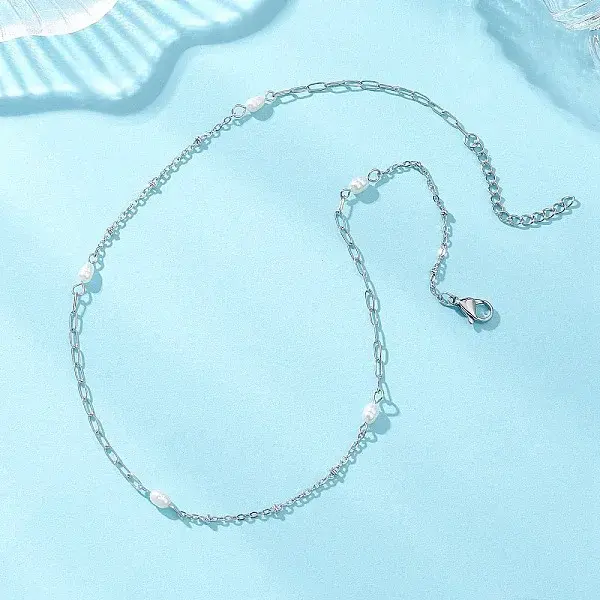 Natural Pearl Rice & 304 Stainless Steel Satellite Chain Paperclip Chain Necklaces for Women