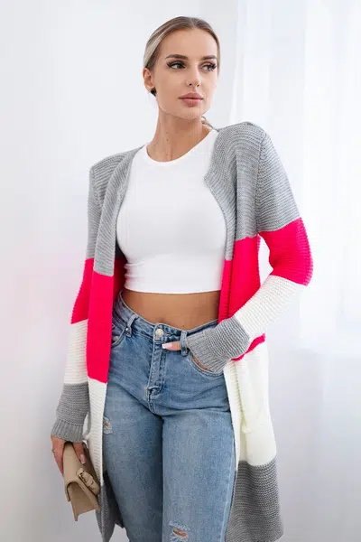 Cardigan sweater on straps gray+raspberry