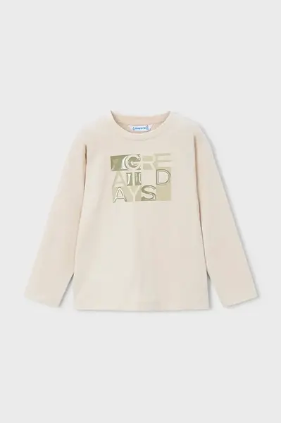 Dětské bavlněné tričko s dlouhým rukávem Mayoral béžová barva, s potiskem, 4095