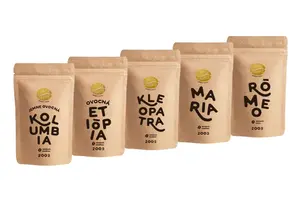 Káva Zlaté Zrnko - Spoznaj 5 káv na filtrovanú 1000g (Kolumbia, Etiópia, Kleopatra, Mária, Rómeo)