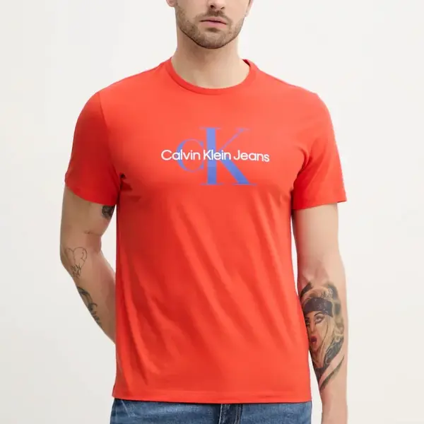 Bavlněné tričko Calvin Klein Jeans červená barva, s potiskem, LV040EM286