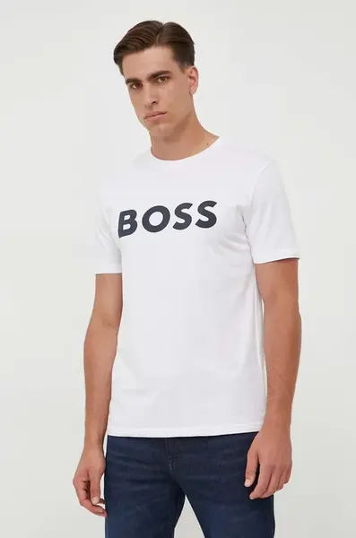 Bavlněné tričko BOSS BOSS CASUAL pánské, béžová barva, s potiskem, 50481923