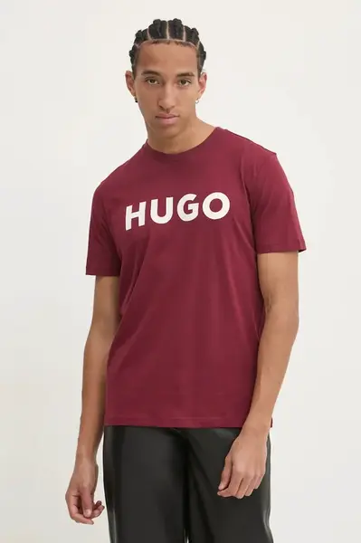 Bavlněné tričko HUGO růžová barva, s potiskem, 50467556