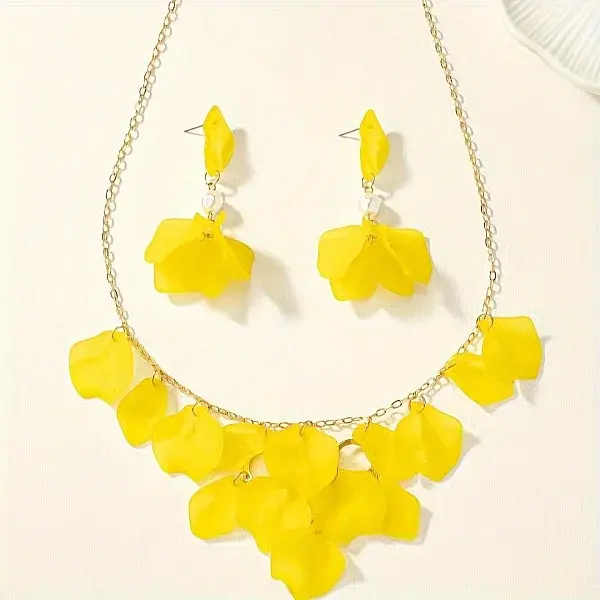 Petal Resin Charm & Alloy Pendant Necklaces & Stud Dangle Earring Sets