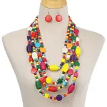 Bohemian Style Wood Barrel & Cube & Flat Round Beaded Multilayer Necklaces & Dangle Earrings Sets