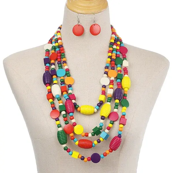 Bohemian Style Wood Barrel & Cube & Flat Round Beaded Multilayer Necklaces & Dangle Earrings Sets