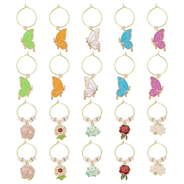 20Pcs Butterfly & Flower Alloy Enamel Wine Glass Charms
