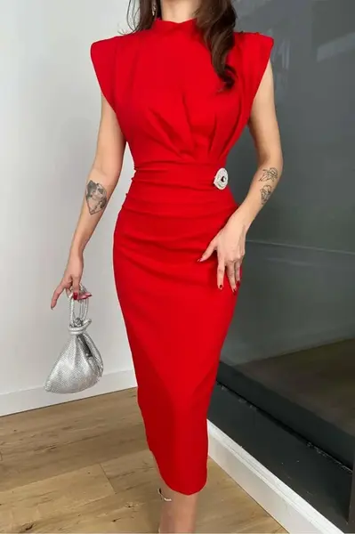 69862 Dewberry Brooched Padded Crepe Women Dress-RED