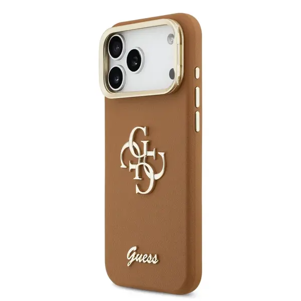 Zadní kryt Guess PU Grained 4G Logo Stand Camera Frame pro Apple iPhone 17 Pro Max, hnědá