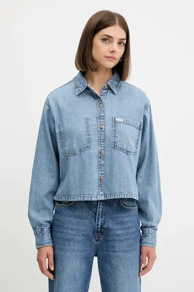 Džínová košile Guess Jeans dámská, modrá barva, relaxed, s klasickým límcem, W5YH0D D5M86