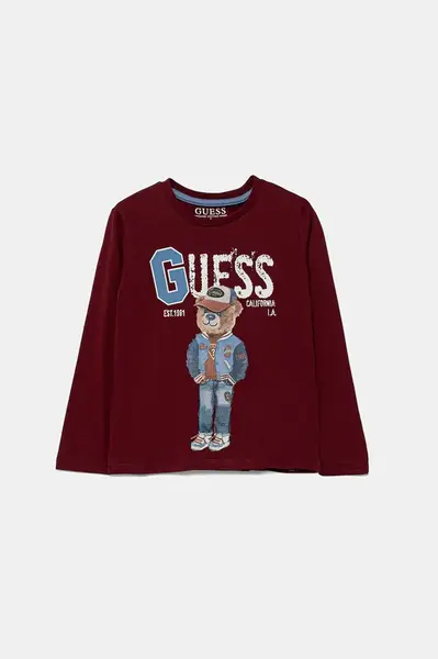 Dětské bavlněné tričko s dlouhým rukávem Guess vínová barva, N5YI23 K8HM4