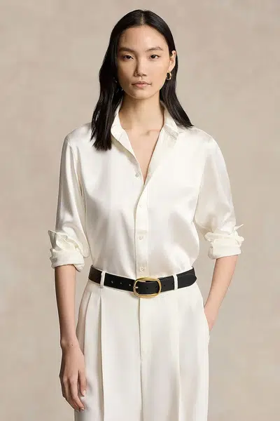 Hedvábné tričko Polo Ralph Lauren béžová barva, slim, s klasickým límcem, 211891378