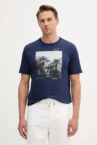 Bavlněné tričko United Colors of Benetton pánské, tmavomodrá barva, s potiskem, 3BL0U10AG