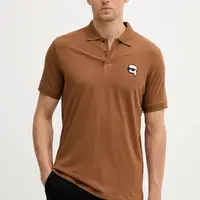 Bavlněné polo tričko Karl Lagerfeld pánské, hnědá barva, s aplikací, 553224.745710