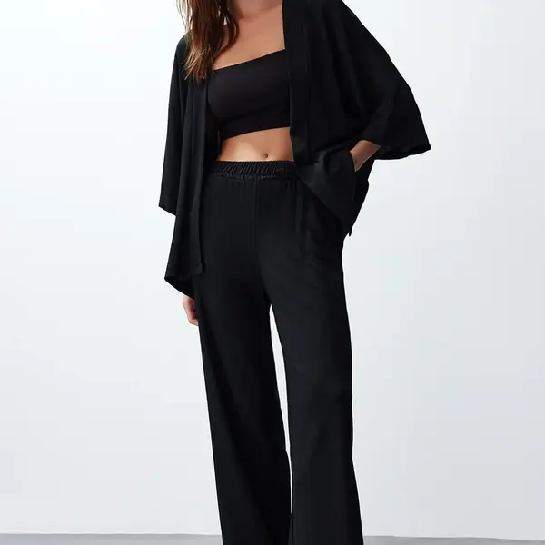 Trendyol Black Relaxed/Comfortable Cut Knitted Kimona Trousers Top-Bottom Set