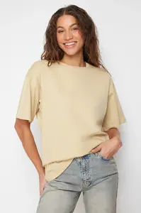 Trendyol Dark Beige 100% Cotton Crew Neck Oversize/Wide Pattern Knitted T-Shirt