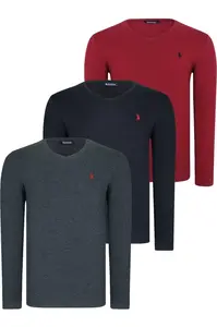 TRIPLE SET T8587 DEWBERRY V-NECK MEN'S SWEATSHIRT-BLACK-ANTHRACITE-BURGUNDY
