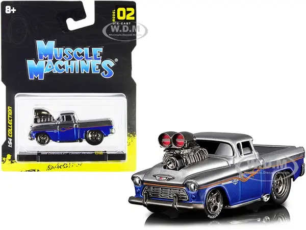 1955 Chevrolet Cameo Pickup Truck Gray and Blue Metallic with Flames 1/64 Diecast Model Car by Muscle Machines