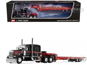 Kenworth W900L with 72" AeroCab Sleeper and Landoll 440B50CA Traveling Axle Trailer Black and Red 1/64 Diecast Model by DCP/First Gear