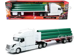 Volvo VN-780 Truck with Flatbed Trailer and Long Pipes White "Long Haul Truckers" Series 1/32 Diecast Model by New Ray