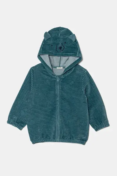 Kojenecká mikina United Colors of Benetton zelená barva, s kapucí, hladká, 3MCDA501C