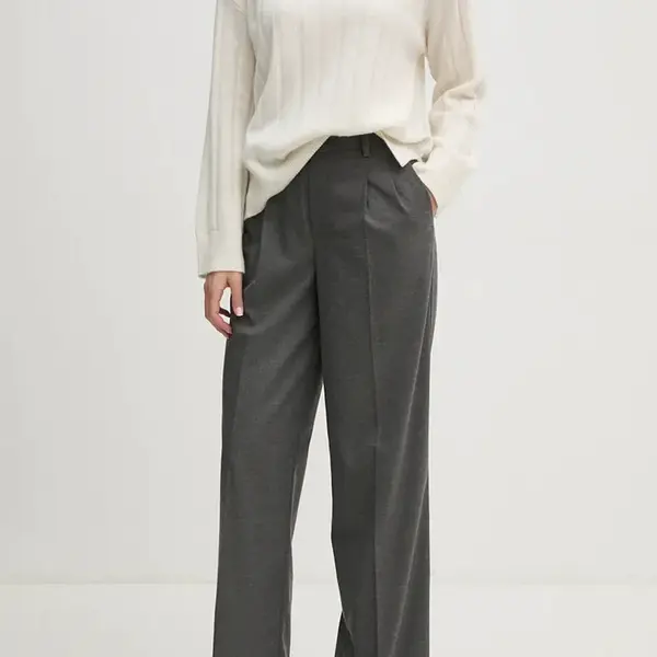 Kalhoty OUI dámské, šedá barva, široké, high waist, 89782