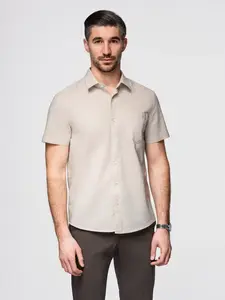Ombre Men's short-sleeved linen-cotton shirt with pocket - beige