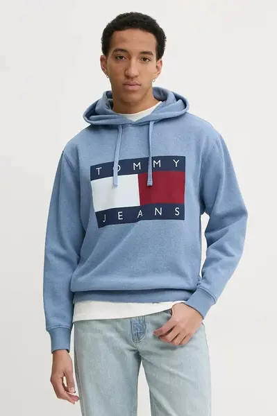 Mikina Tommy Jeans pánská, modrá barva, s kapucí, s potiskem, DM0DM21174