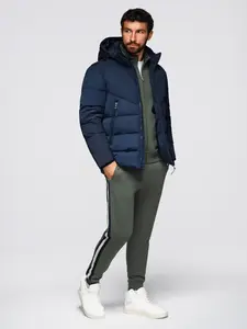 Ombre Men's jacket with asymmetrical quilting and hood - navy blue