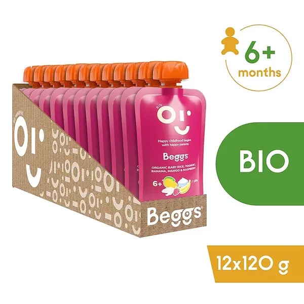 BEGGS Dětská rýže s jogurtem, banánem, mangem a malinami BIO 12 kusů